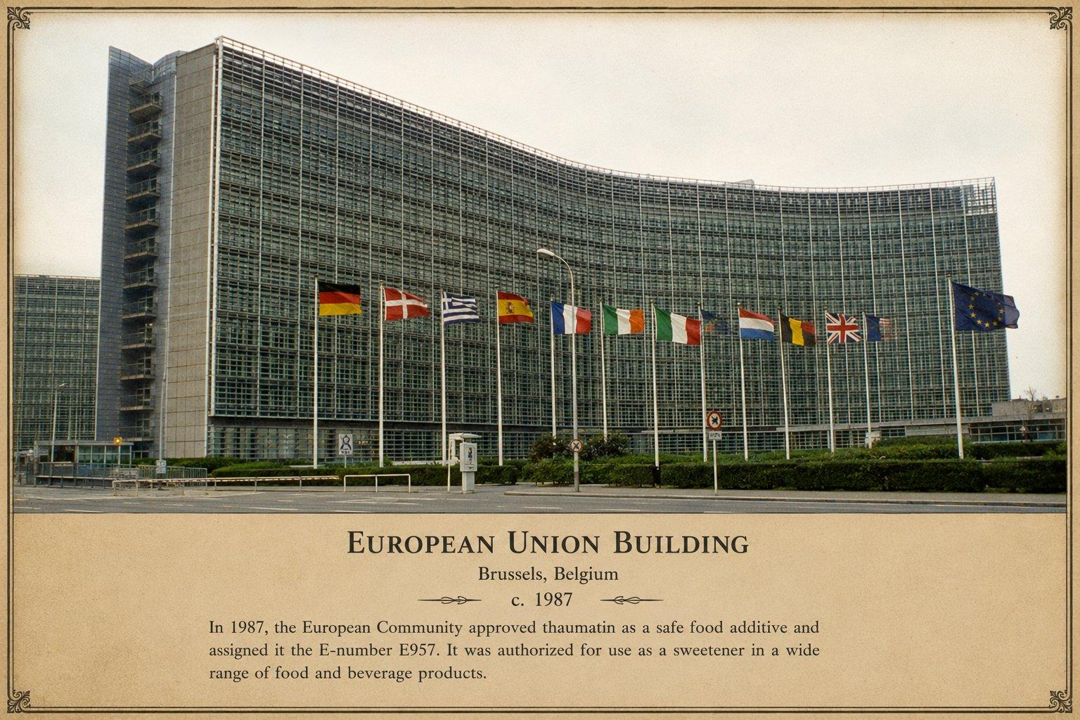 European Union Building, Brussels — where thaumatin was approved as E957, 1984