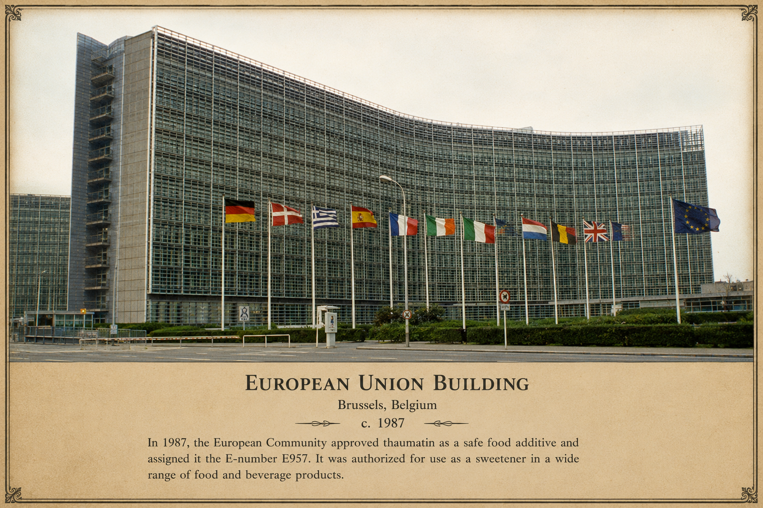European Union Building, Brussels — where thaumatin was approved as E957, 1984